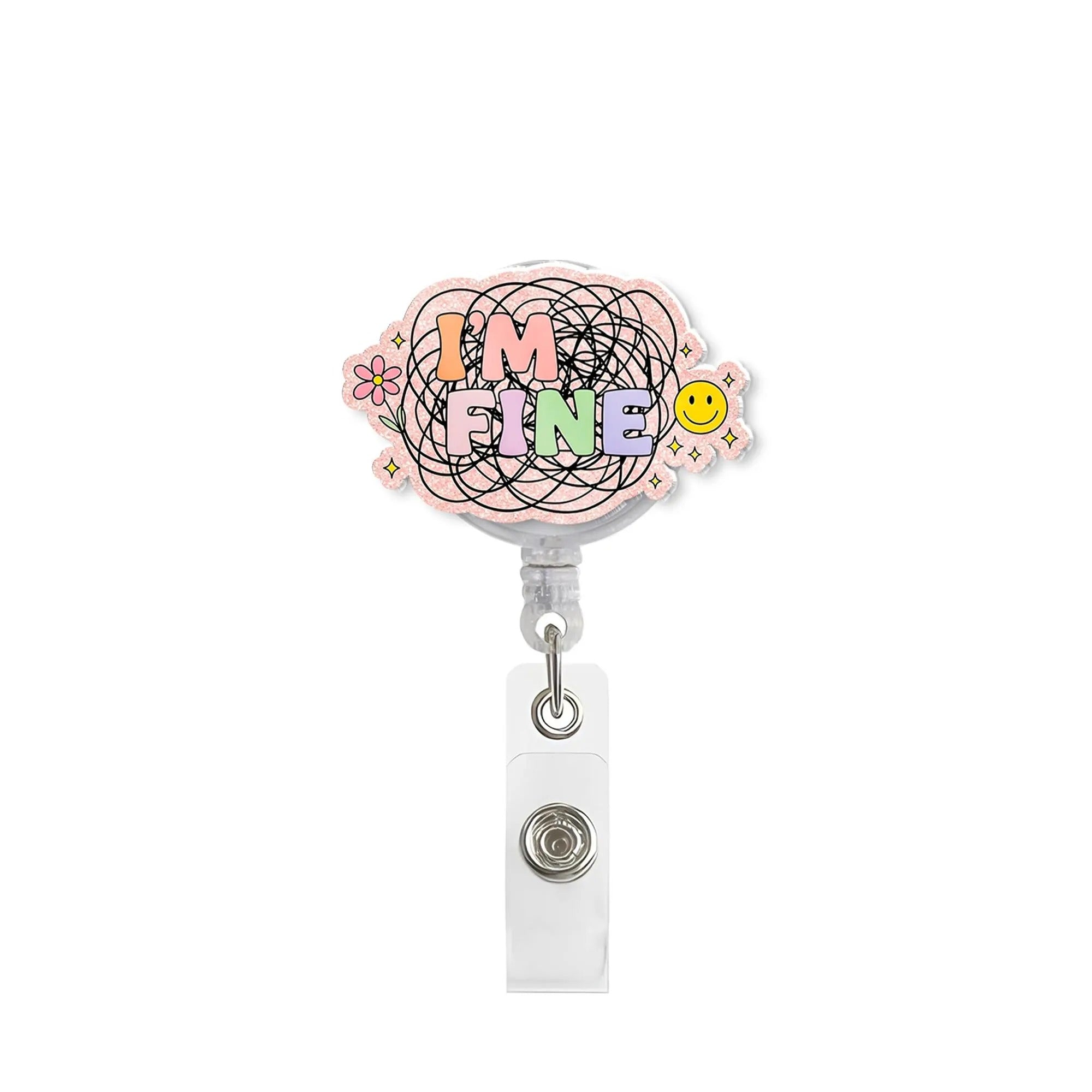 Funny 'I'm Fine' Sarcastic Badge Reel For Nurses & Doctors, Funny Black Cat ID Holder Clip