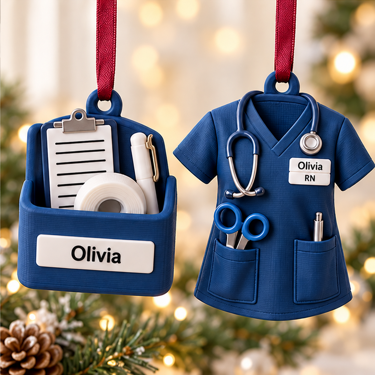 Personalisiertes Pflege-Ornament, individuelles Namens-Ornament mit Krankenschwester-Hausschuhen, Weihnachtsdeko mit medizinischen Kasack-Hausschuhen