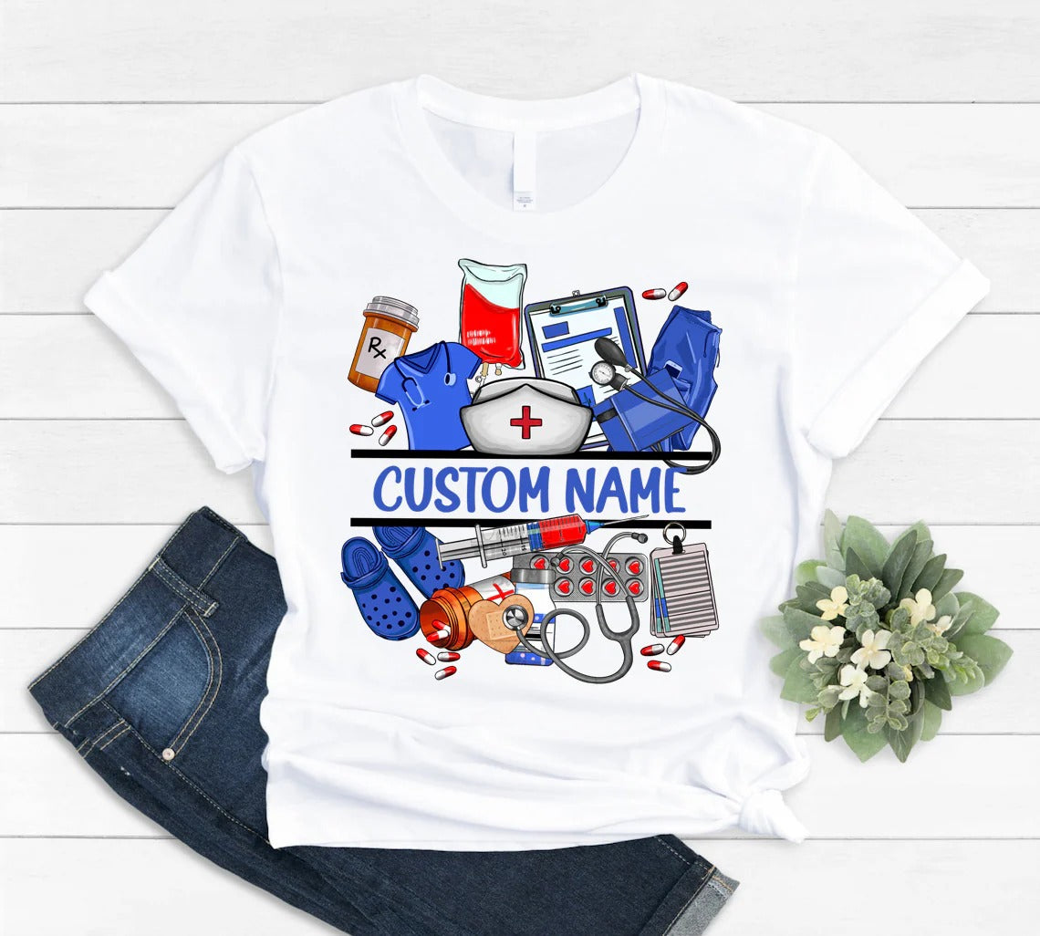 Personalized Nurse Life Shirt for Women – Funny Medical Tools with Custom Name – Gift for RN LPN CNA Healthcare Staff