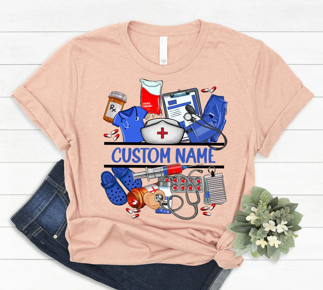 Personalized Nurse Life Shirt for Women – Funny Medical Tools with Custom Name – Gift for RN LPN CNA Healthcare Staff