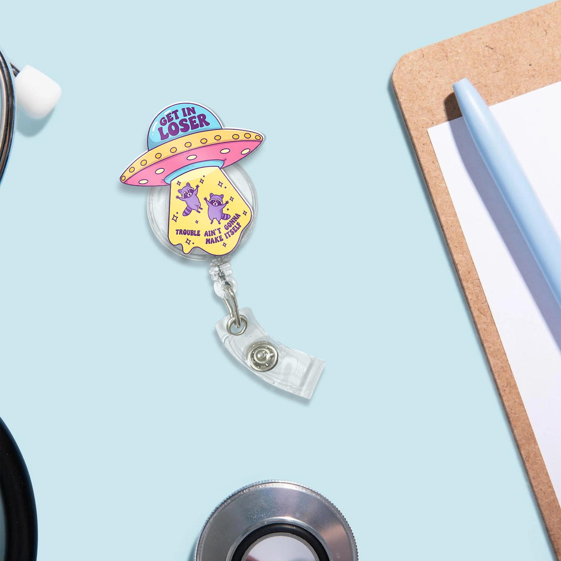 Funny Alien Raccoon UFO Badge Reel For Nurses & Doctors, Funny Black Cat ID Holder Clip