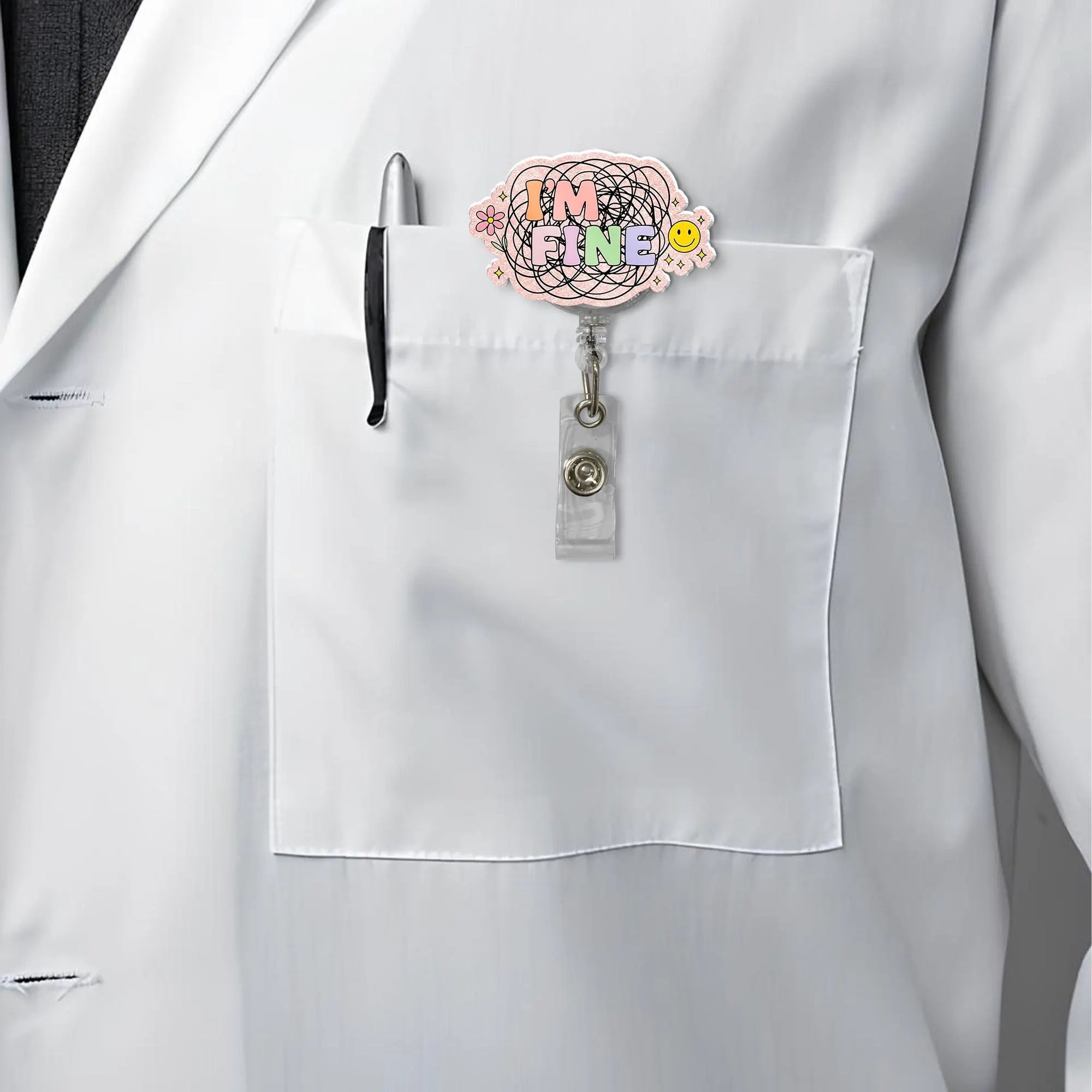 Funny 'I'm Fine' Sarcastic Badge Reel For Nurses & Doctors, Funny Black Cat ID Holder Clip