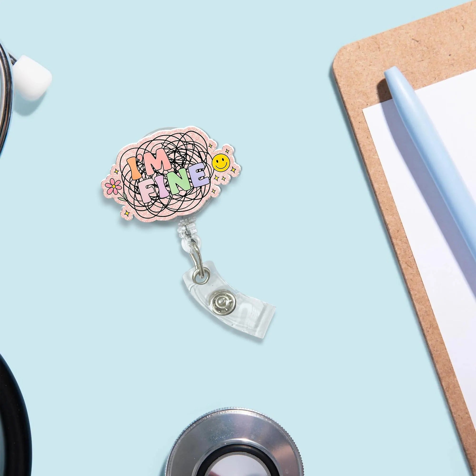 Funny 'I'm Fine' Sarcastic Badge Reel For Nurses & Doctors, Funny Black Cat ID Holder Clip