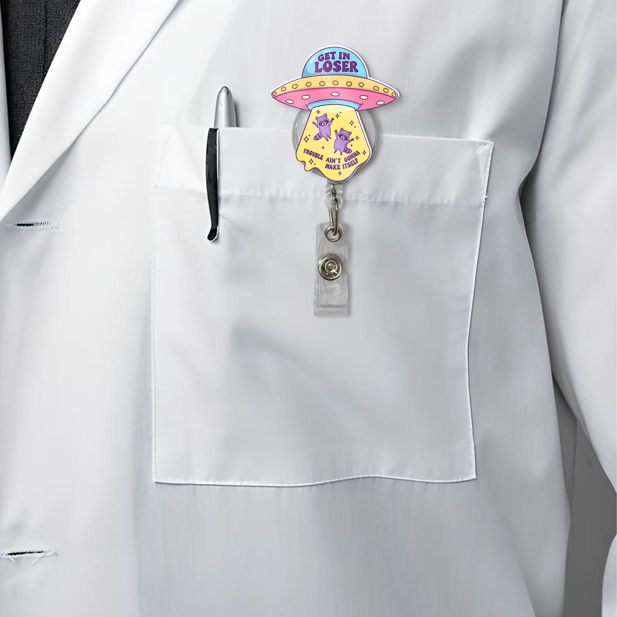 Funny Alien Raccoon UFO Badge Reel For Nurses & Doctors, Funny Black Cat ID Holder Clip