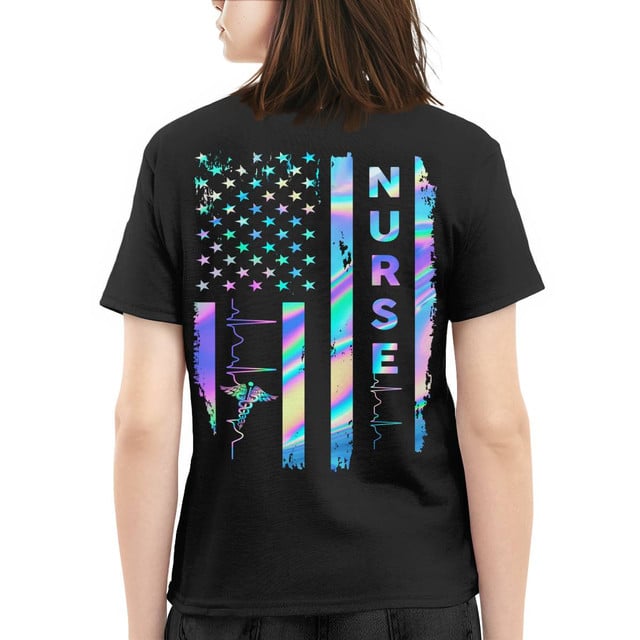 Nurse American Flag Shirt for Women – Holographic USA Stars Stripes with Heartbeat & Caduceus – Patriotic Gift for RN LPN CNA Healthcare Workers