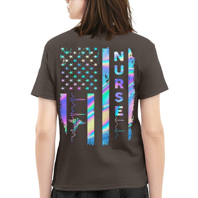 Nurse American Flag Shirt for Women – Holographic USA Stars Stripes with Heartbeat & Caduceus – Patriotic Gift for RN LPN CNA Healthcare Workers