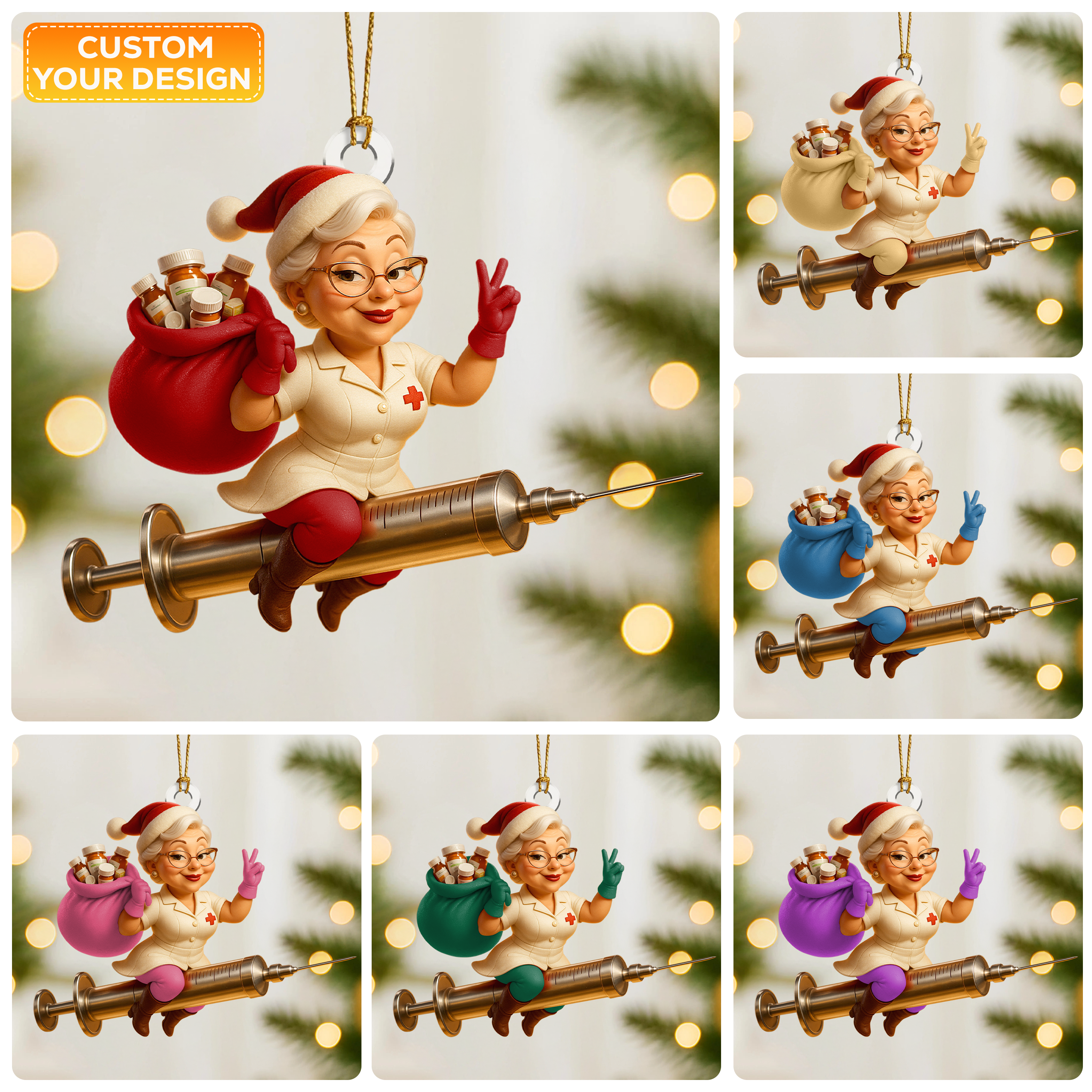 Funny Nurse Christmas Ornament, Custom Healthcare Worker Ornament, Santa Nurse Riding Syringe, Unique RN Xmas Gift