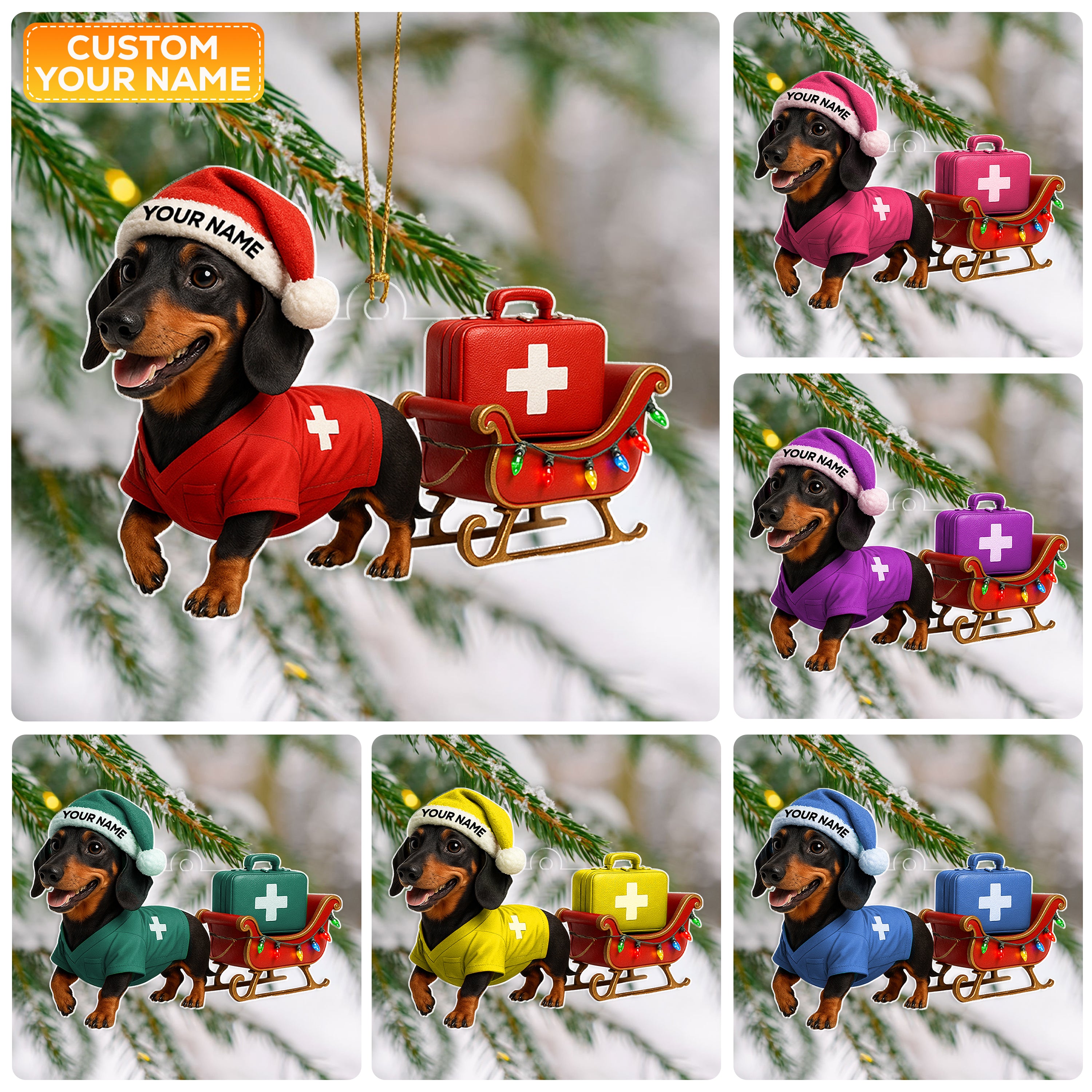 Personalized Nurse Dachshund Christmas Ornament, Custom Name Wiener Dog Ornament With Medical Sleigh, Funny Holiday Gift for Dog Lovers