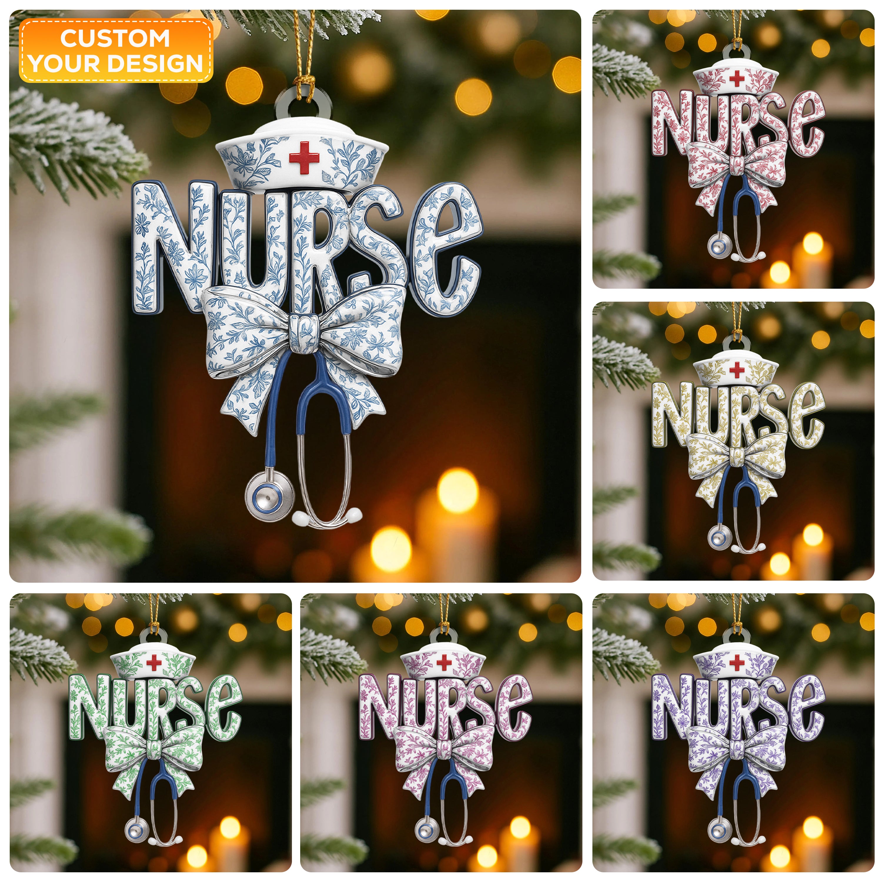 Toile De Jouy Nurse Ornament – Elegant Floral Christmas Ornament for Nurses, Custom Medical Ornament, RN LPN CNA Gift