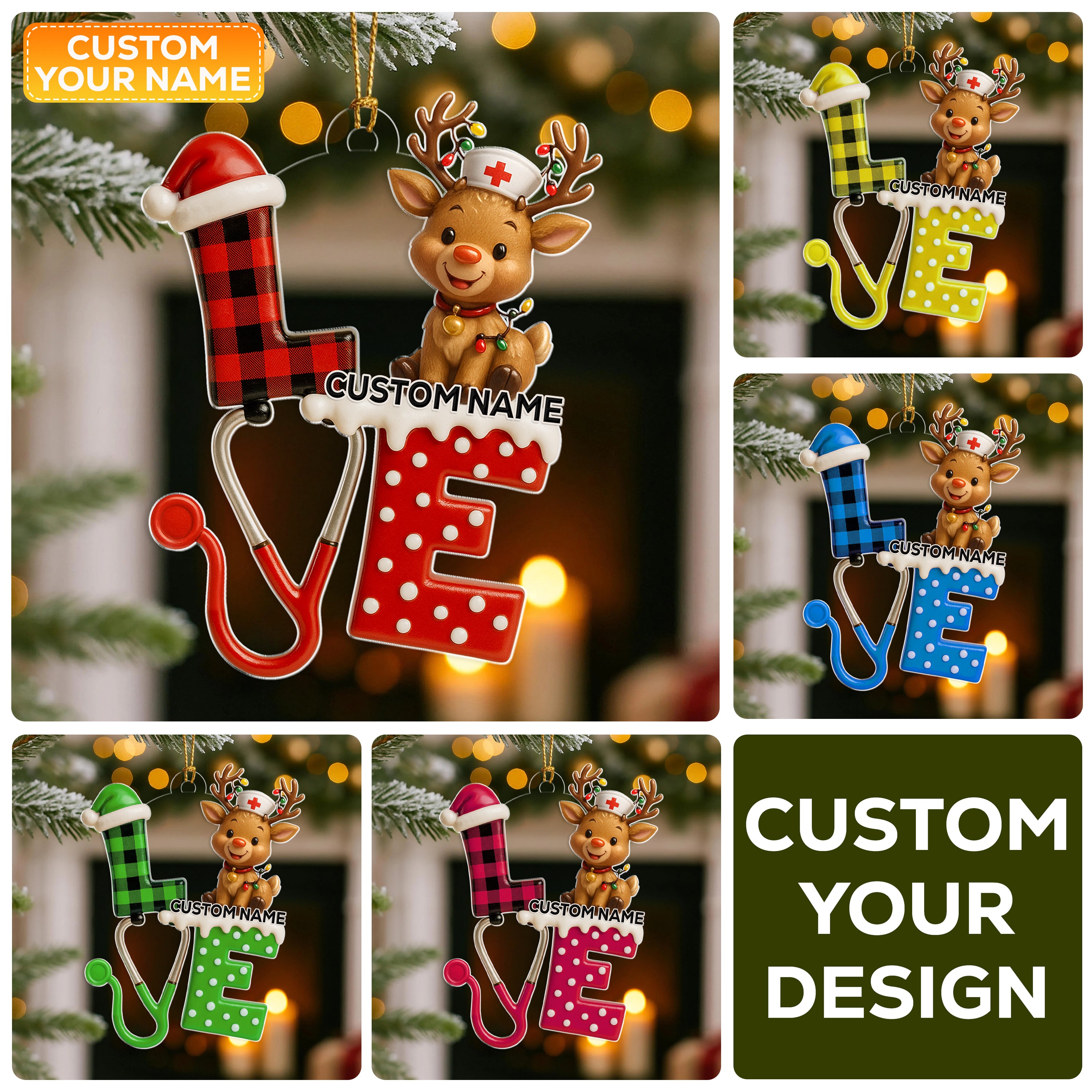 Personalized Nurse Reindeer LOVE Ornament, Custom Name Medical Christmas Tree Decor, Cute RN/LPN Holiday Gift for Healthcare Workers