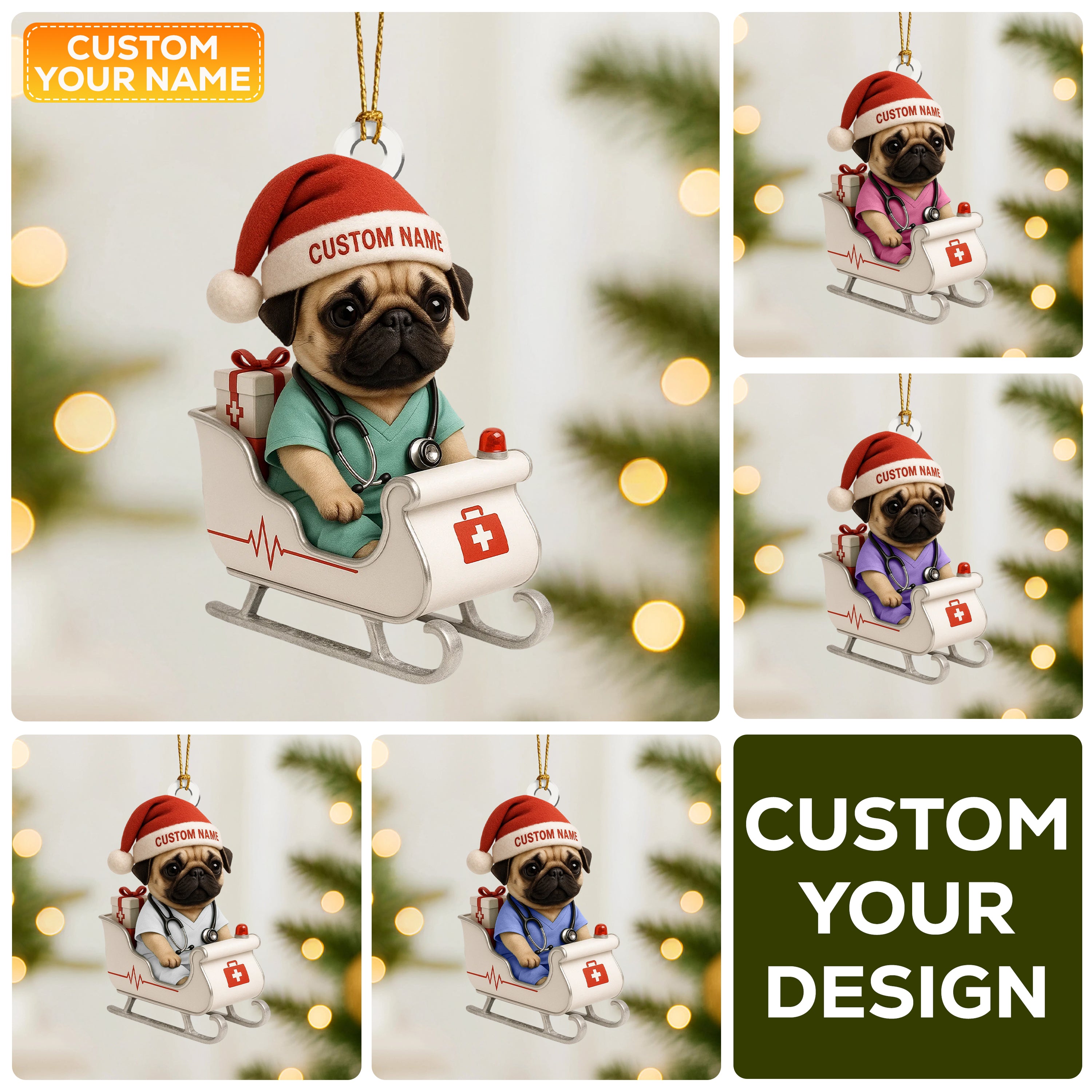 Personalized Nurse Pug Christmas Ornament – Custom Name Dog Doctor Sleigh Decor – Cute Medical Puppy Holiday Tree Ornament for Pet Lovers & Healthcare Workers