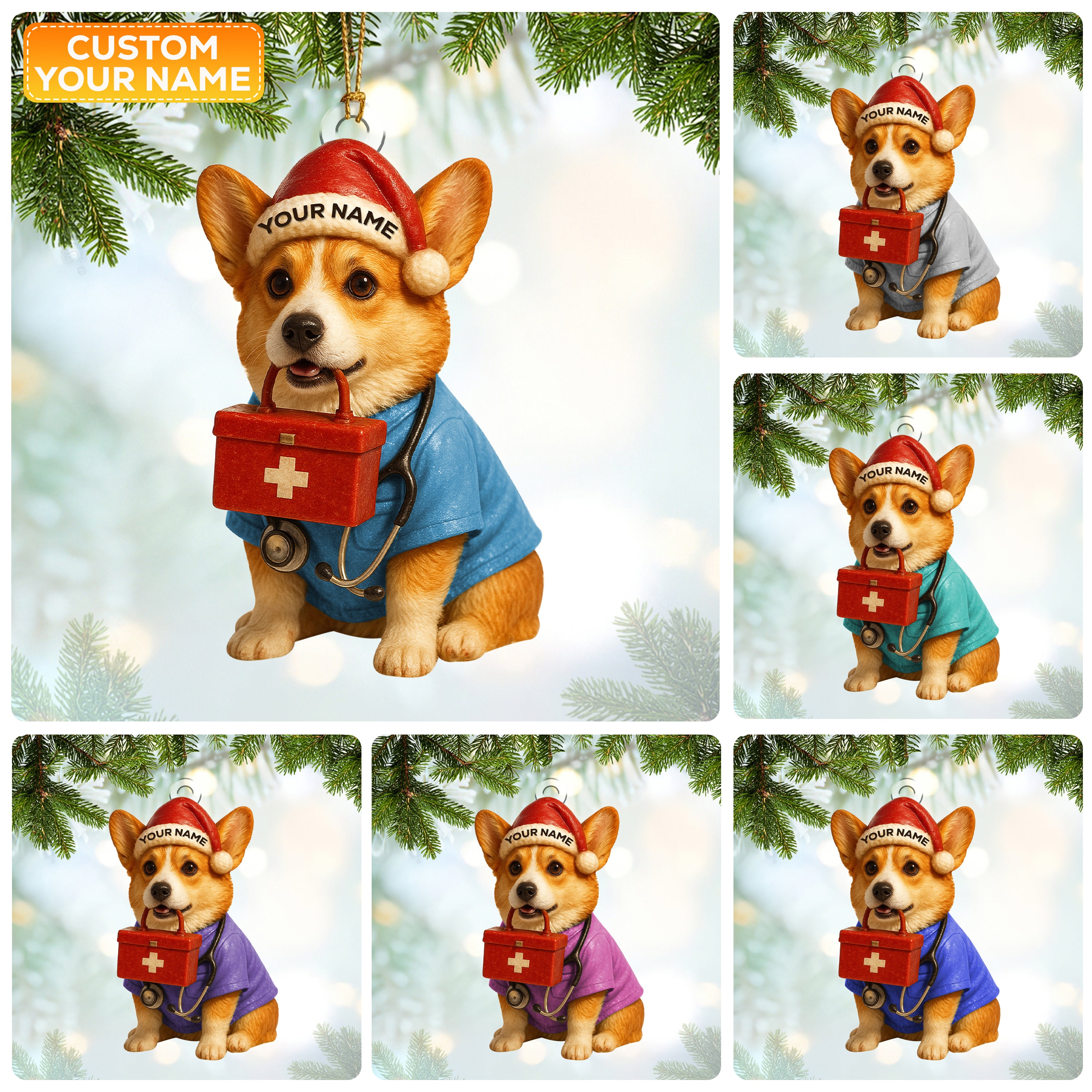 Personalized Corgi Nurse Christmas Ornament, Custom Name Dog Lover Ornament, Cute RN Holiday Gift for Healthcare Workers
