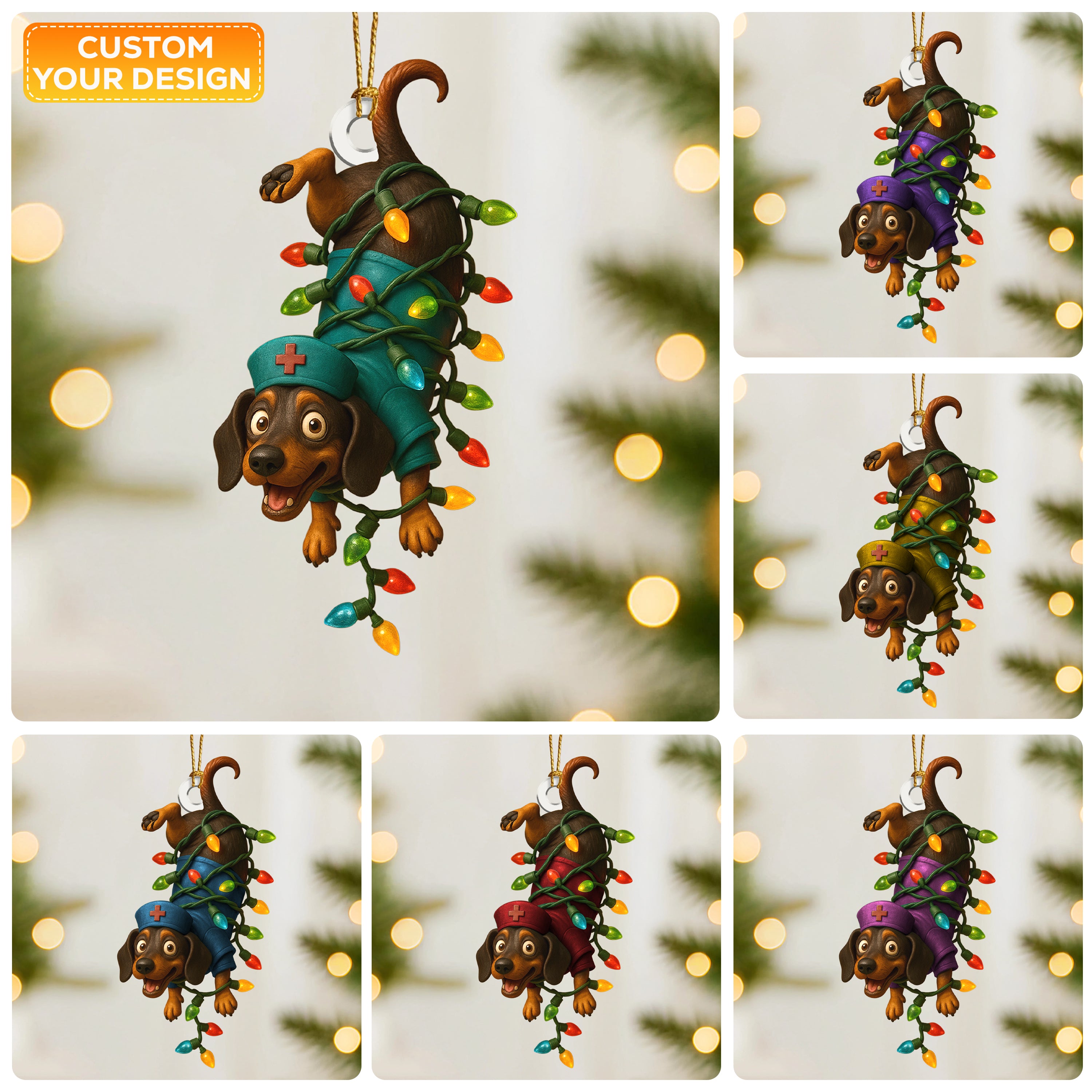 Personalized Nurse Dachshund Ornament, Funny Wiener Dog Christmas Ornament With Lights, Custom Medical Ornament for RN, LPN, CNA Gift