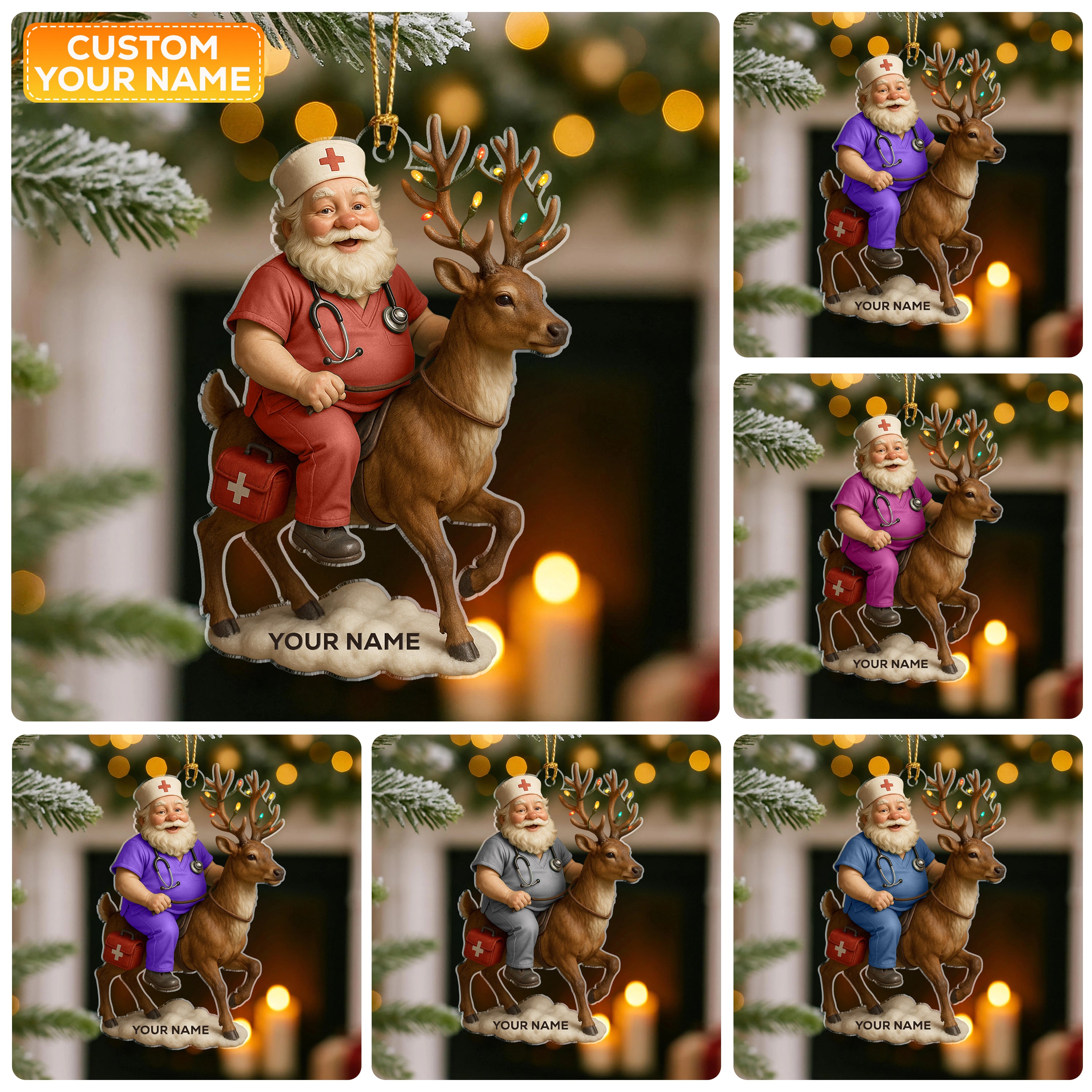 Personalized Nurse Santa Ornament, Custom Name Christmas Ornament with Reindeer, Funny Medical Ornament Gift for RN, LPN, CNA
