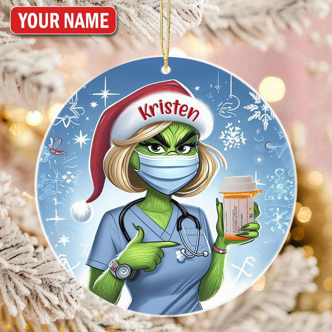 Custom Funny Pharmacist Christmas Ornament, Green Monster Nurse Holding Pill Design, RN LPN CNA Gift