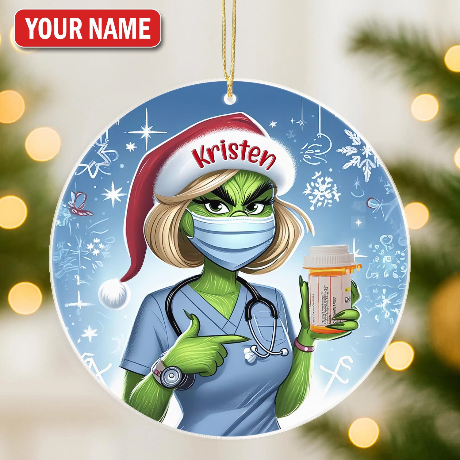 Custom Funny Pharmacist Christmas Ornament, Green Monster Nurse Holding Pill Design, RN LPN CNA Gift