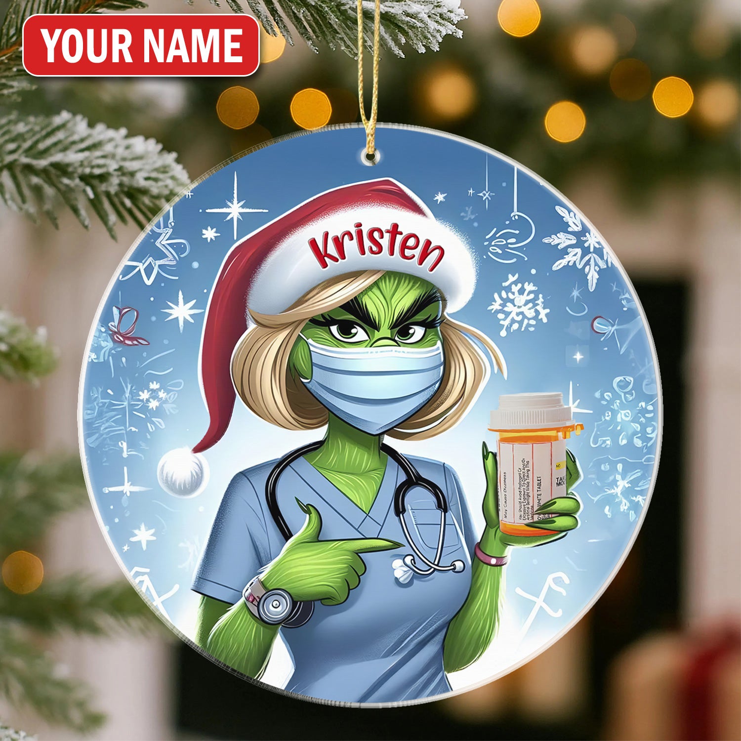 Custom Funny Pharmacist Christmas Ornament, Green Monster Nurse Holding Pill Design, RN LPN CNA Gift