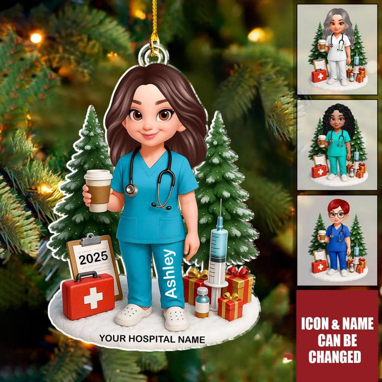 Personalized Nurse Acrylic Ornament, Custom Name Scrub Ornament For Nursing, Hospital Christmas Decor