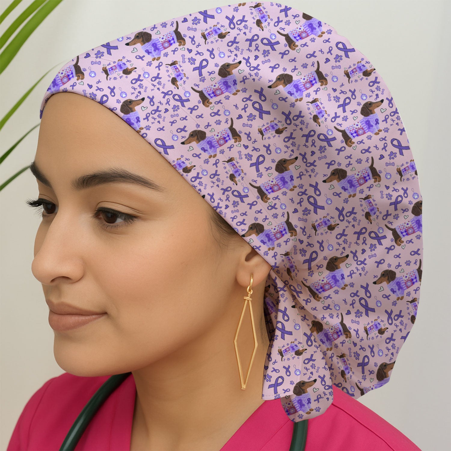 Dachshund Bouffant Scrub Caps for Women - Purple Ribbon Surgical Caps for Doctors - Breathable Fabrics Caps Uniform - Puppy Lover Gift