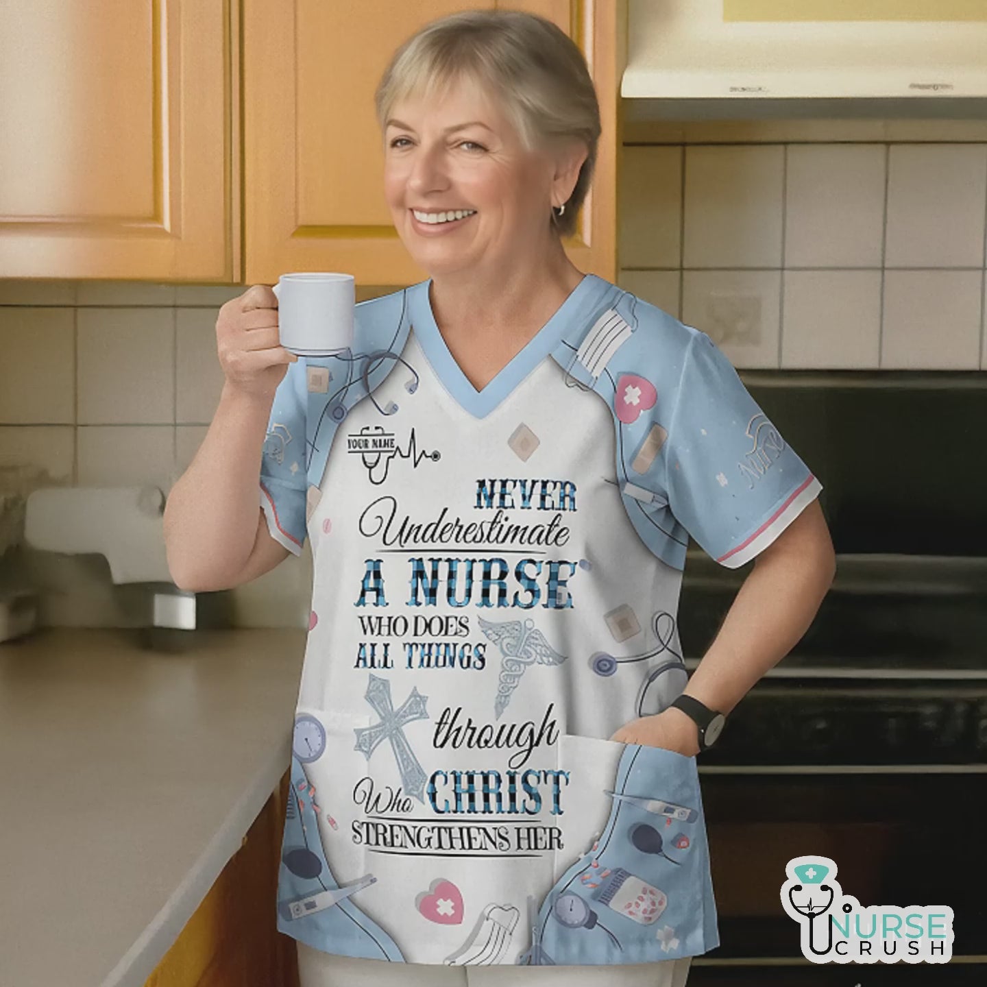 Personalized Nursing Faith Scrub for Women - Bible Verse All Things Through Christ - Religious Gift for Healthcare Professionals RN LPN CNA