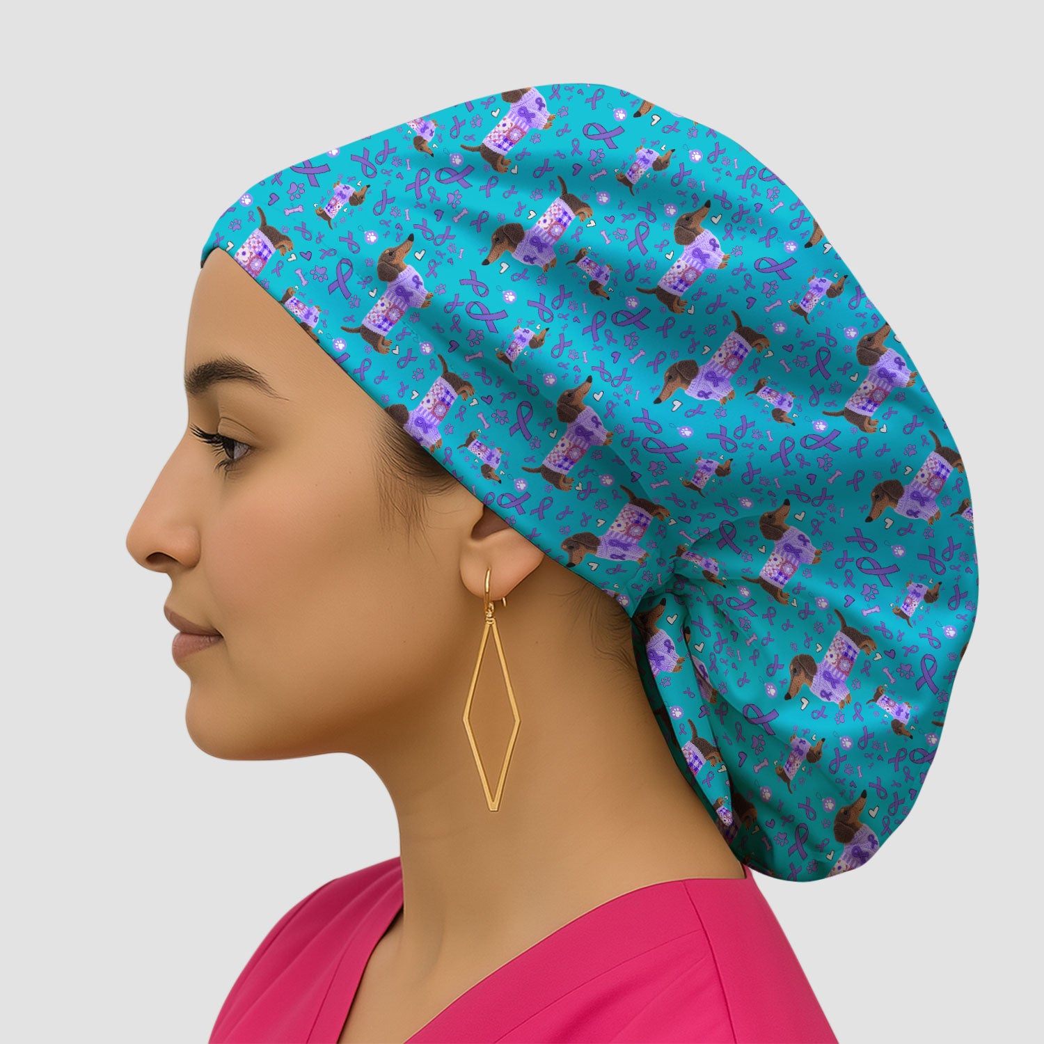 Dachshund Bouffant Scrub Caps for Women - Purple Ribbon Surgical Caps for Doctors - Breathable Fabrics Caps Uniform - Puppy Lover Gift