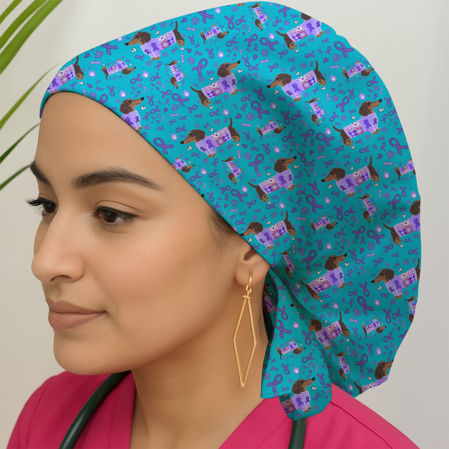 Dachshund Bouffant Scrub Caps for Women - Purple Ribbon Surgical Caps for Doctors - Breathable Fabrics Caps Uniform - Puppy Lover Gift