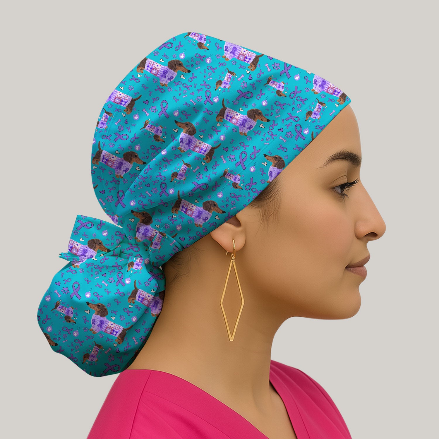 Dachshund Bouffant Scrub Caps for Women - Purple Ribbon Surgical Caps for Doctors - Breathable Fabrics Caps Uniform - Puppy Lover Gift