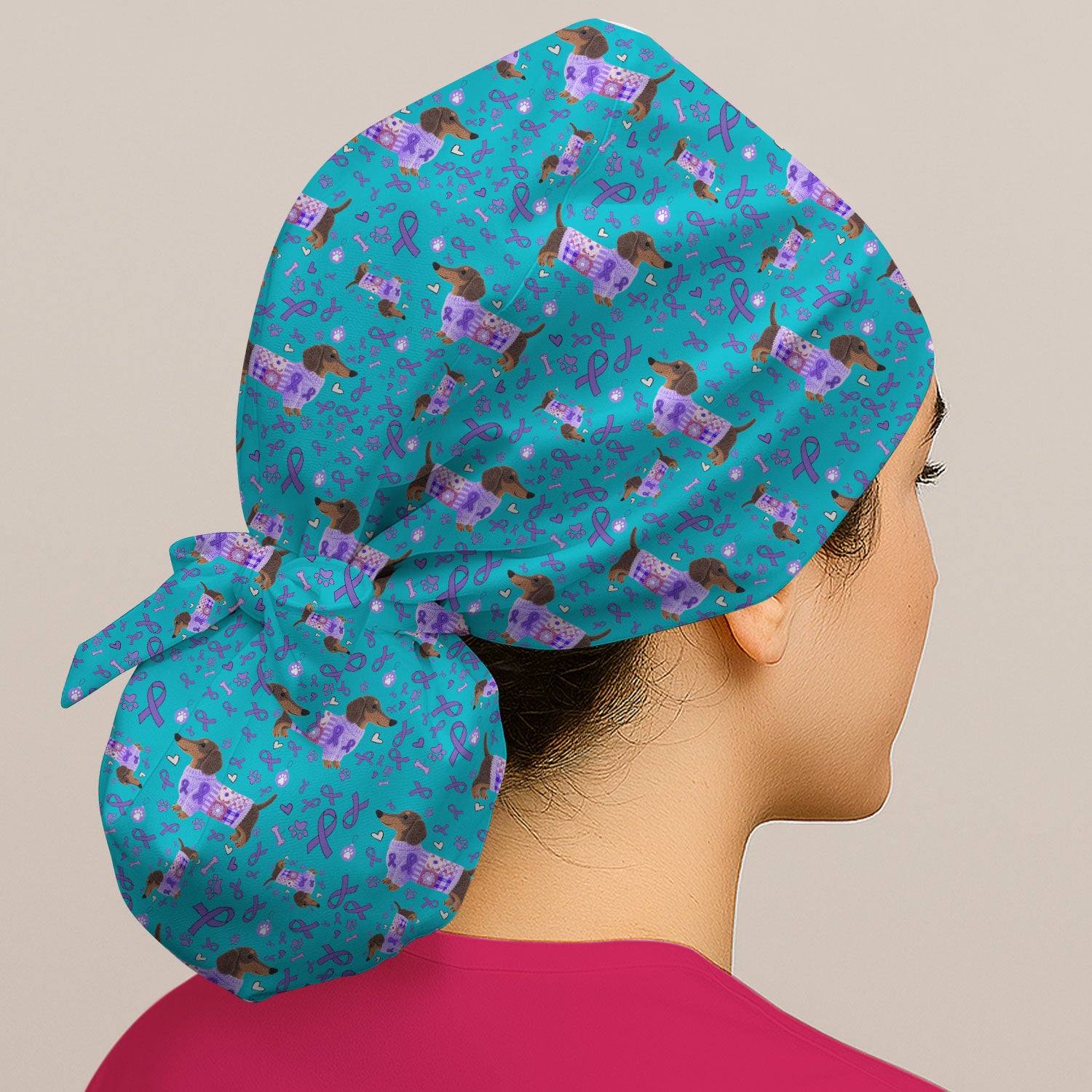 Dachshund Bouffant Scrub Caps for Women - Purple Ribbon Surgical Caps for Doctors - Breathable Fabrics Caps Uniform - Puppy Lover Gift