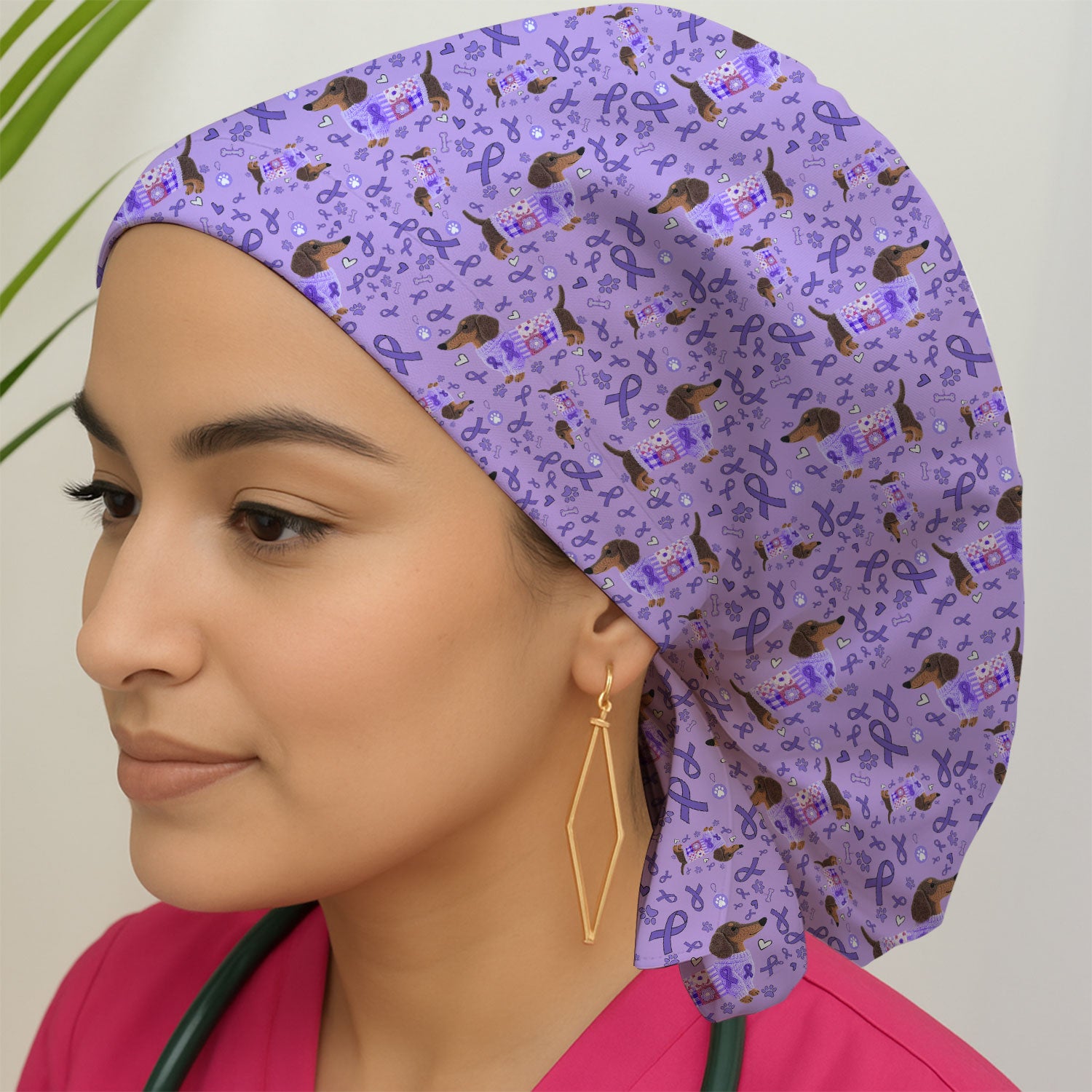 Dachshund Bouffant Scrub Caps for Women - Purple Ribbon Surgical Caps for Doctors - Breathable Fabrics Caps Uniform - Puppy Lover Gift
