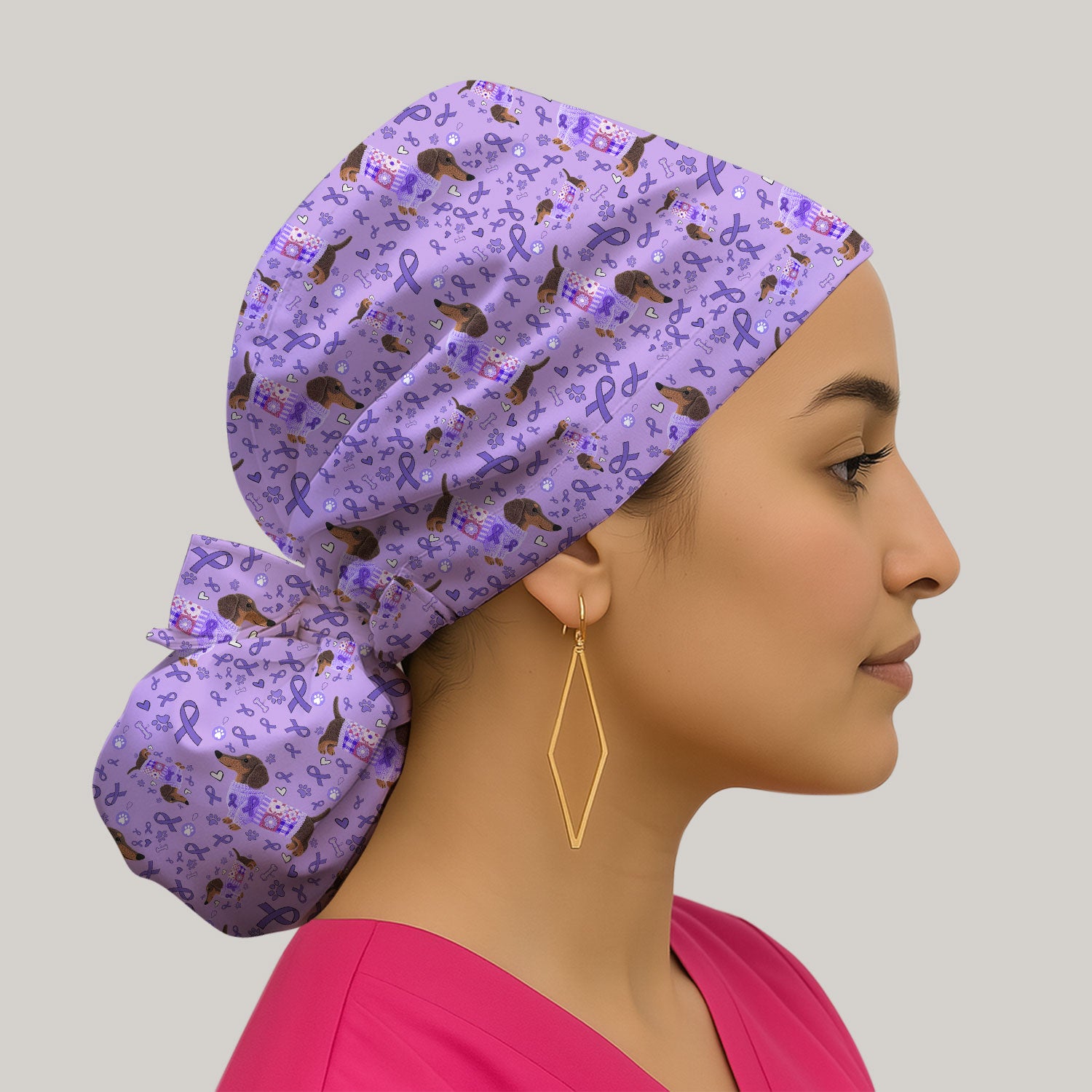 Dachshund Bouffant Scrub Caps for Women - Purple Ribbon Surgical Caps for Doctors - Breathable Fabrics Caps Uniform - Puppy Lover Gift