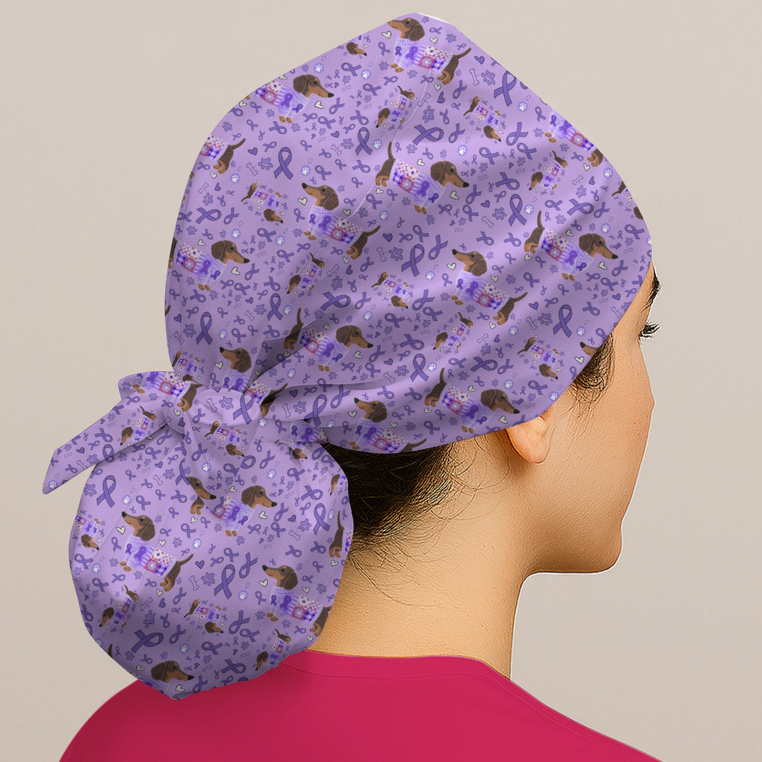 Dachshund Bouffant Scrub Caps for Women - Purple Ribbon Surgical Caps for Doctors - Breathable Fabrics Caps Uniform - Puppy Lover Gift