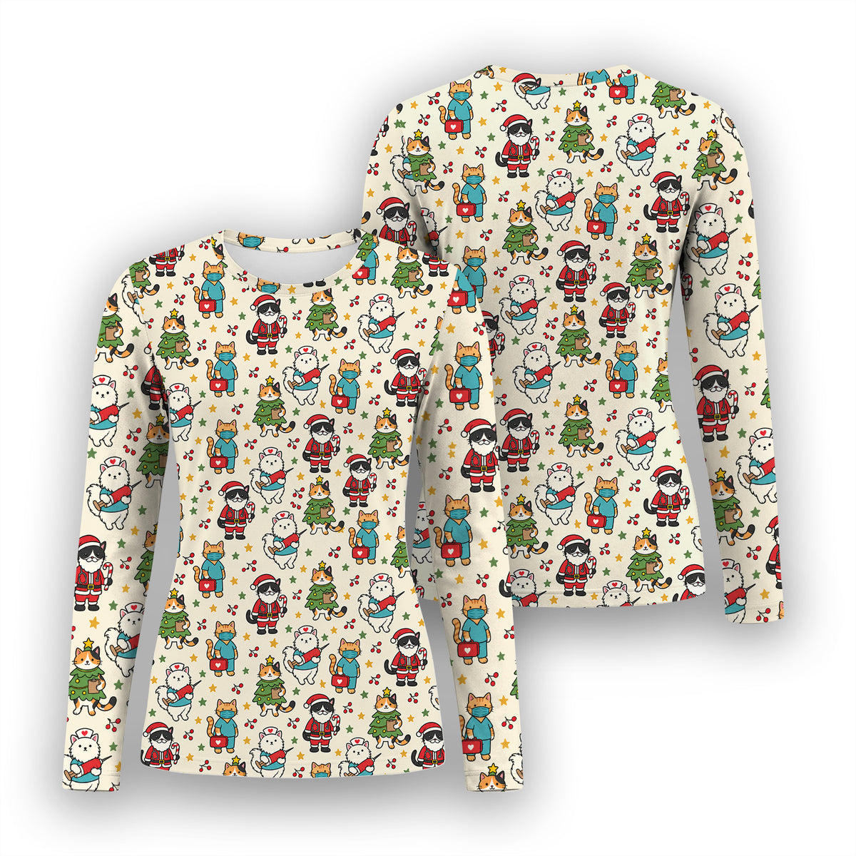 Christmas Cats In Nurse And Santa Outfits Underscrub, Long Sleeve Shirt for Nurses