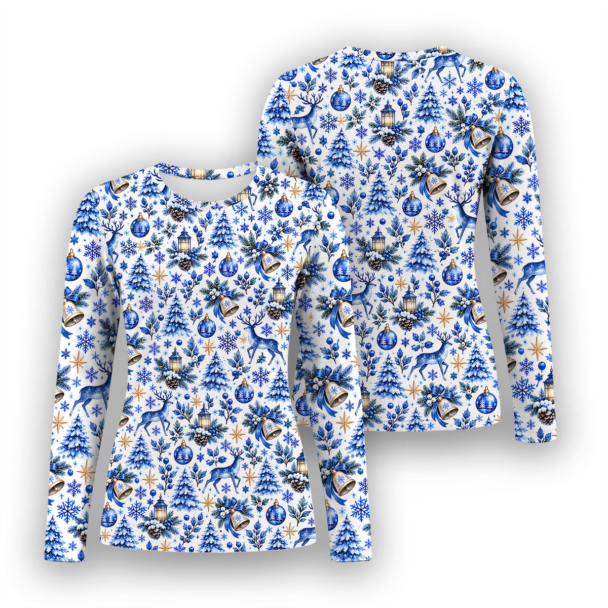 Blue Christmas Reindeer And Winter Trees Underscrub, Long Sleeve Shirt for Nurses