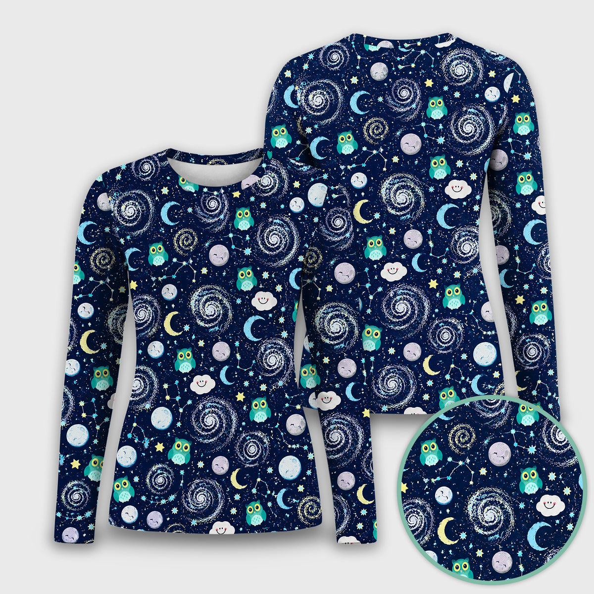 Cute Night Owl Galaxy Pattern Underscrub, Long Sleeve Shirt for Nurses