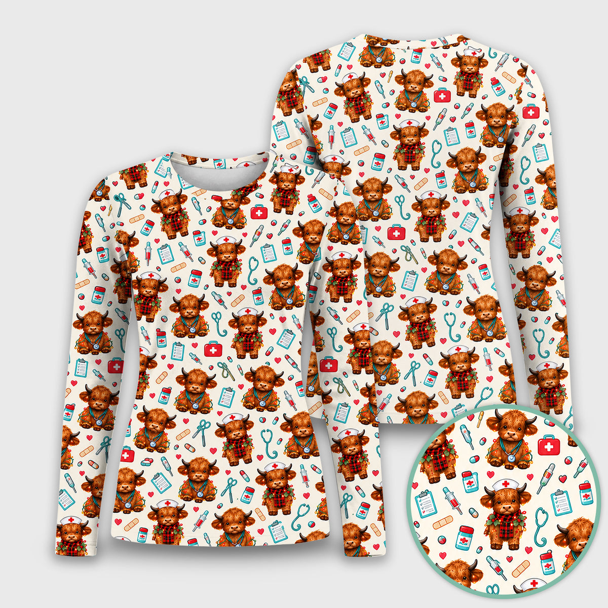 Cute Christmas Highland Cow Nurse Underscrub, Long Sleeve Shirt for Nurses