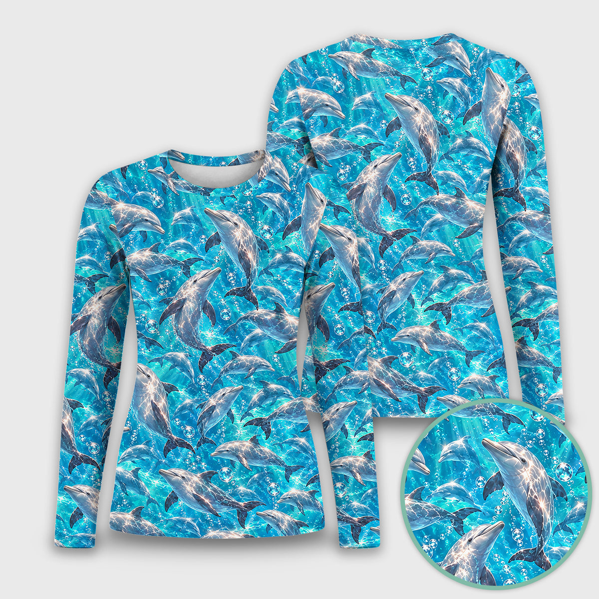 Blue Ocean Dolphin Pattern Underscrub, Long Sleeve Shirt for Nurses