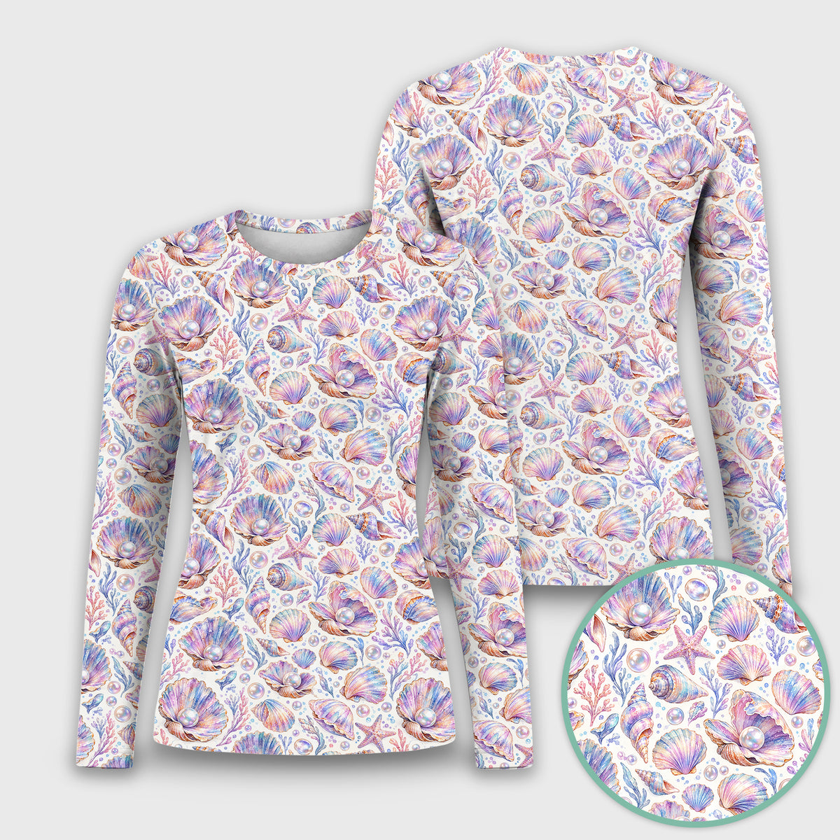 Pastel Seashell And Pearl Pattern Underscrub, Long Sleeve Shirt for Nurses