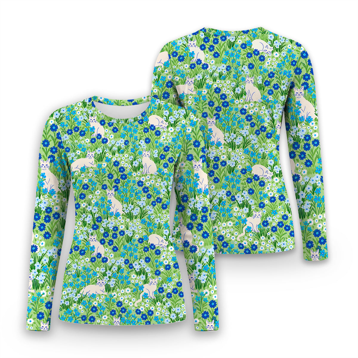 Cute White Cats And Blue Wildflowers Underscrub, Long Sleeve Shirt for Nurses
