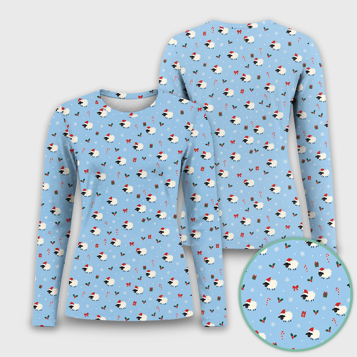 Cute Christmas Sheep Pattern Underscrub, Long Sleeve Shirt for Nurses