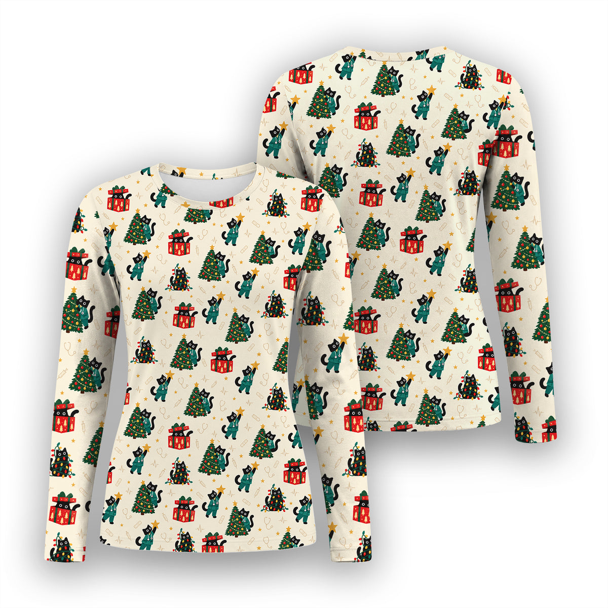 Christmas Black Nurse Cats And Trees Underscrub, Long Sleeve Shirt for Nurses