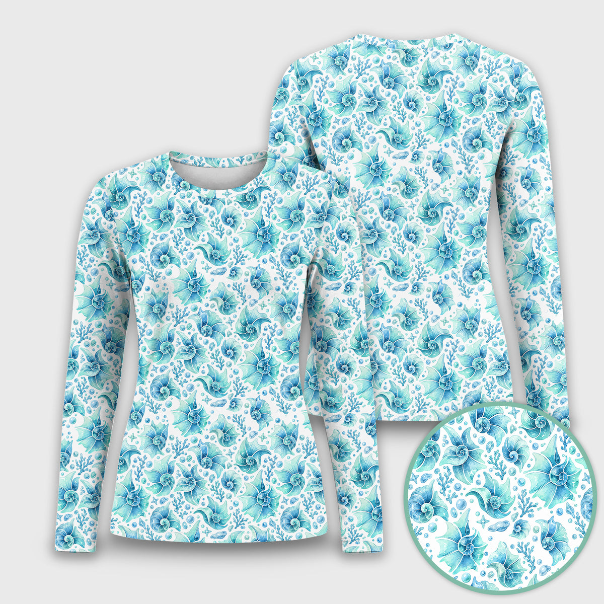 Blue Watercolor Seashell Pattern Underscrub, Long Sleeve Shirt for Nurses
