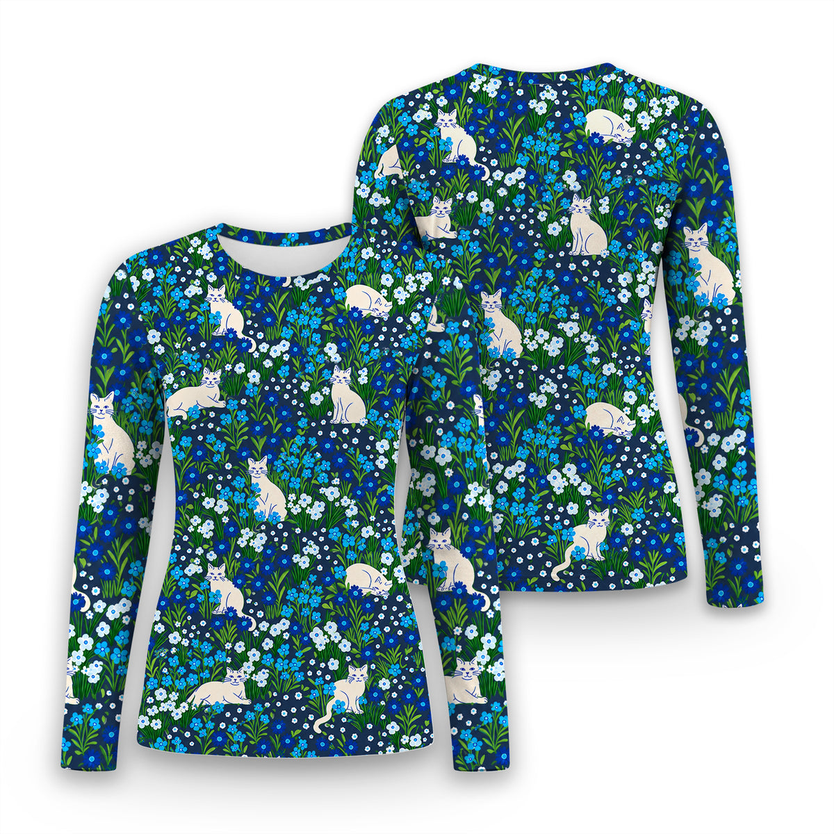 Cute White Cats And Blue Wildflowers Underscrub, Long Sleeve Shirt for Nurses