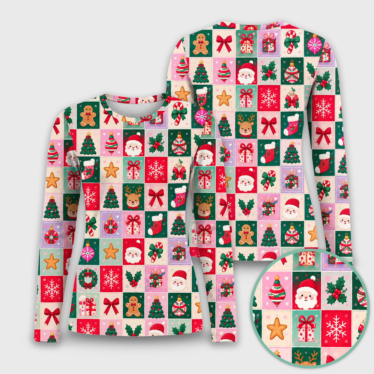 Cute Christmas Santa Patchwork Underscrub, Long Sleeve Shirt for Nurses