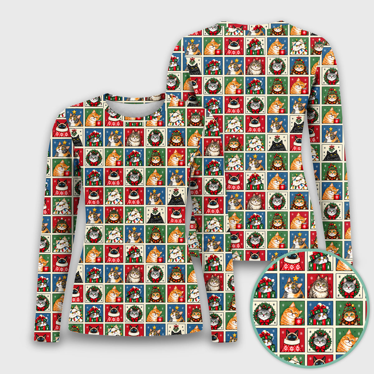 Cute Christmas Cat Patchwork Underscrub, Long Sleeve Shirt for Nurses