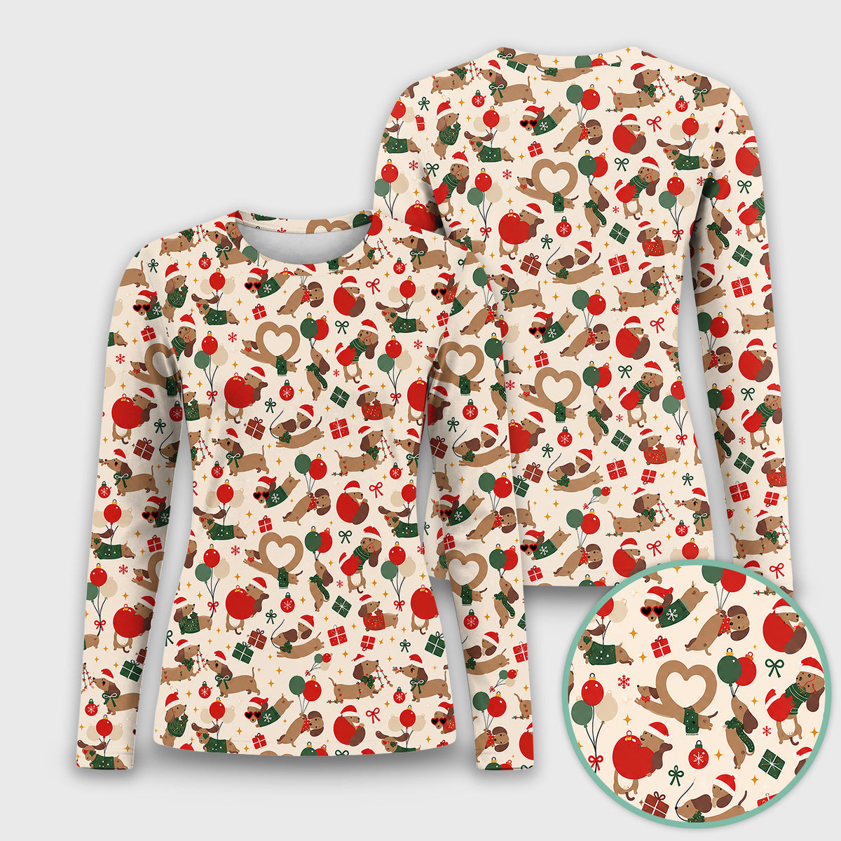 Cute Christmas Dachshund Pattern Underscrub, Long Sleeve Shirt for Nurses