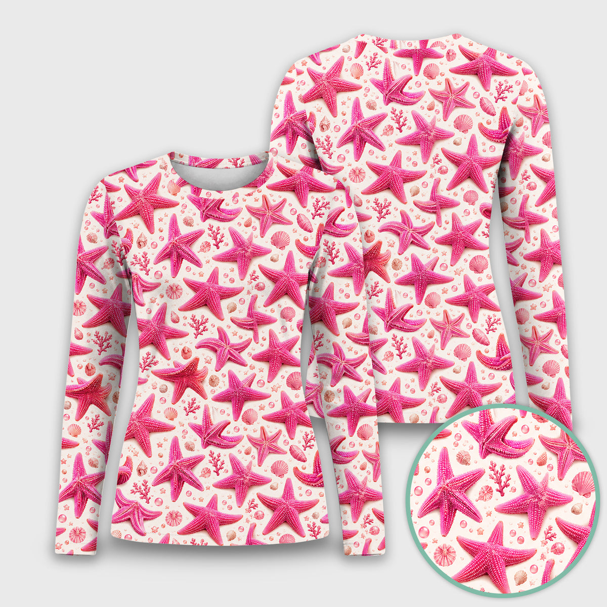 Pink Starfish And Seashell Pattern Underscrub, Long Sleeve Shirt for Nurses