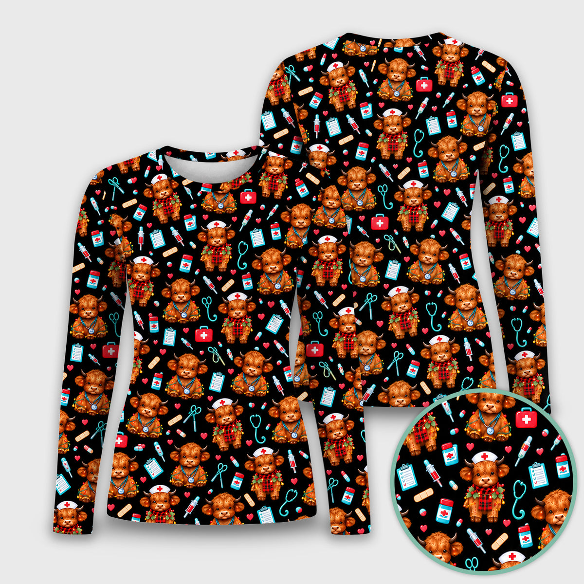 Cute Christmas Highland Cow Nurse Underscrub, Long Sleeve Shirt for Nurses