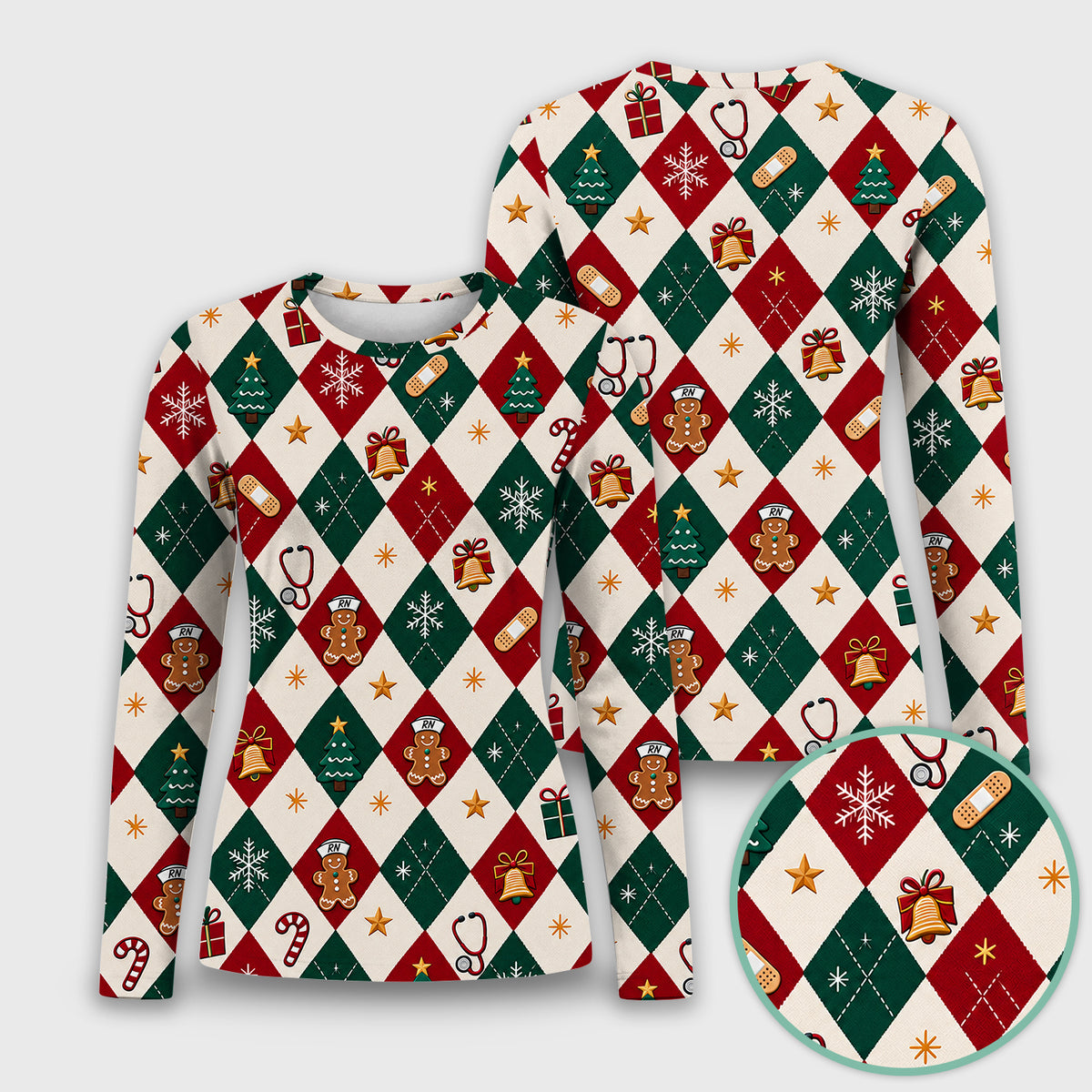Christmas Gingerbread Nurse Argyle Underscrub, Long Sleeve Shirt for Nurses