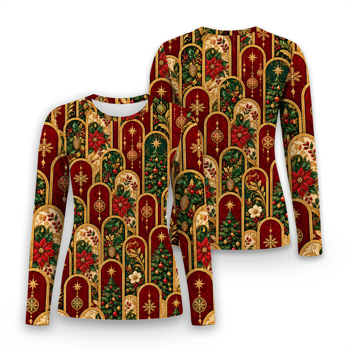 Elegant Christmas Poinsettia Gold Arch Pattern Underscrub, Long Sleeve Shirt for Nurses
