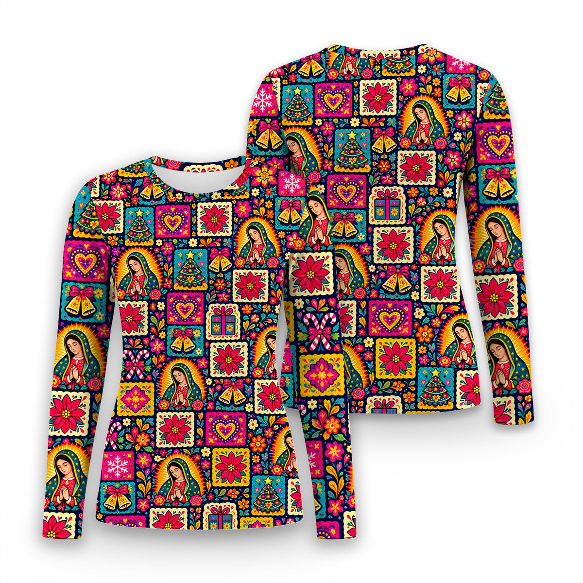 Our Lady of Guadalupe Christmas Folk Art Pattern Underscrub, Long Sleeve Shirt for Nurses